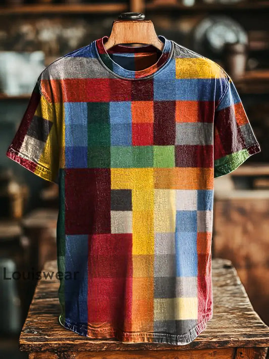 Unisex Vintage Regenbogen Farbe kariert gedruckt lässig locker T-Shirt bunt / S