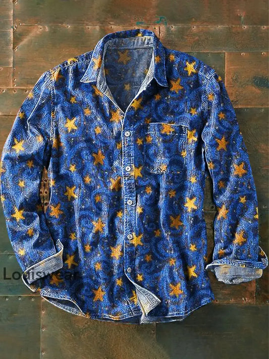 Unisex Vintage Sky Gold Sterne Kunstdruck Baumwolle Revers Langarm Taschen hemd bunt / S