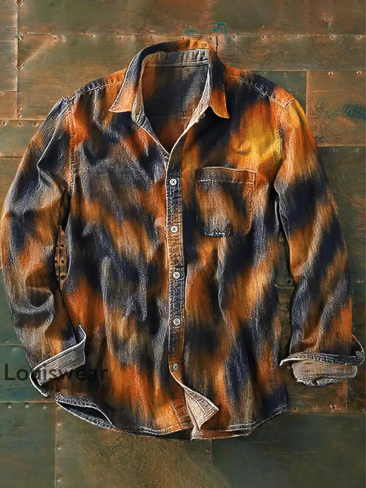 Unisex Vintage Western Style Beastie Art Print Revers Langarm Taschen hemd bunt / S