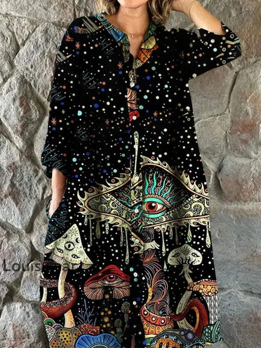 Vintage böhmischer Pilz Blumen kunst druck Chic V-Ausschnitt Dreiviertel-Ärmel Knopf Elegantes Maxi-Kleid A / S