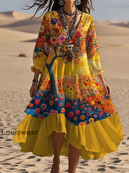 Vintage böhmisches V-förmiges Kleid mit Blumen kunst lässiges elegantes Mode-Doppel kleid A / S