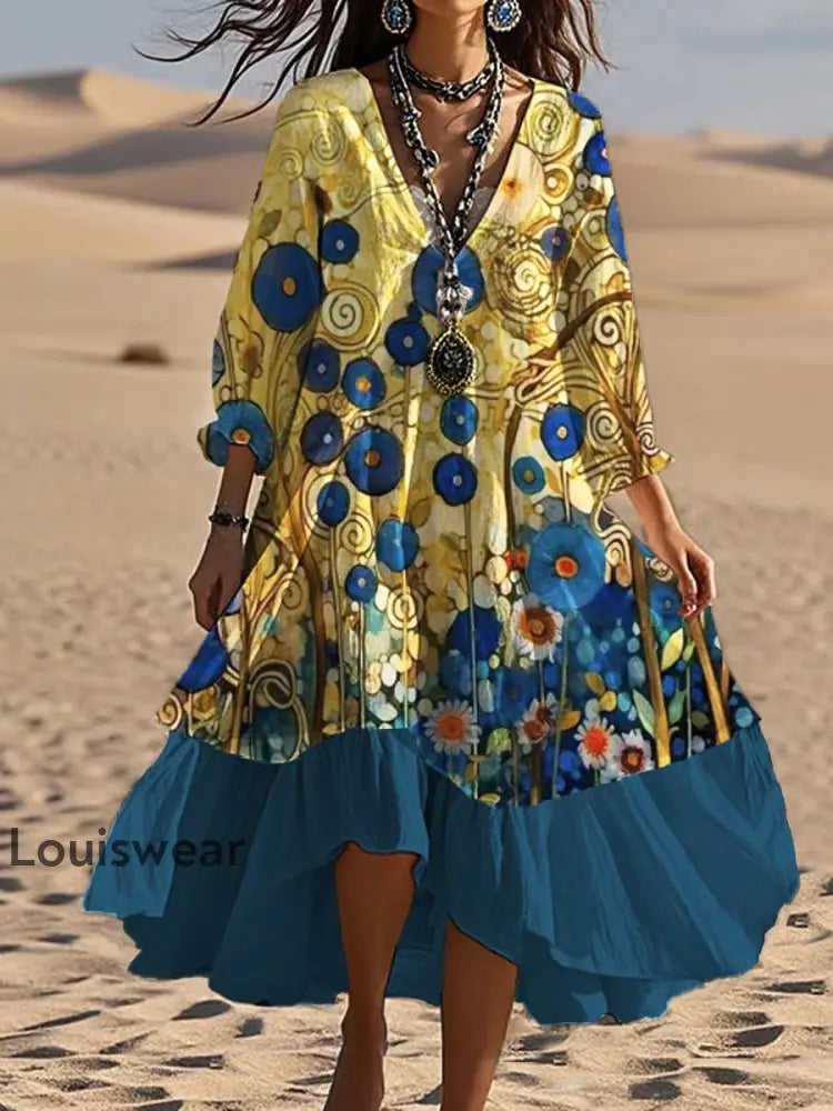 Vintage böhmisches V-förmiges Kleid mit Blumen kunst lässiges elegantes Mode-Doppel kleid A / S