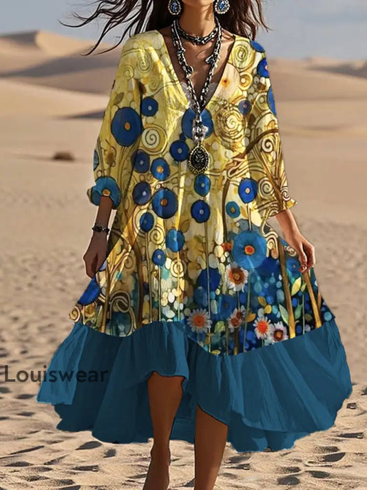 Vintage böhmisches V-förmiges Kleid mit Blumen kunst lässiges elegantes Mode-Doppel kleid A / S