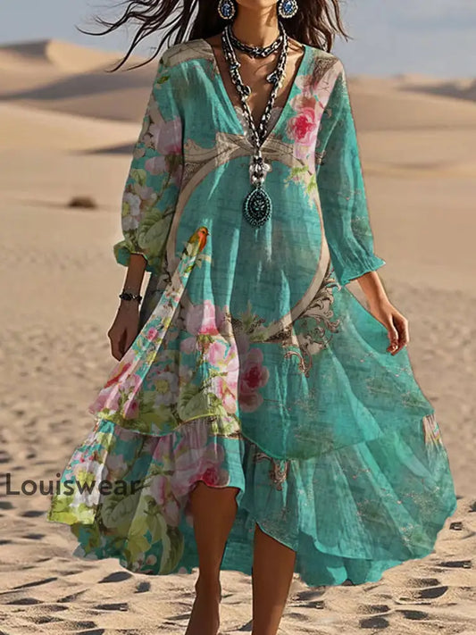 Vintage böhmisches V-förmiges Kleid mit Blumen kunst lässiges elegantes Mode-Doppel kleid A / S