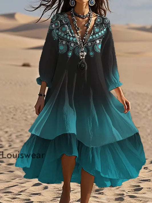 Vintage böhmisches V-förmiges Kleid mit Blumen kunst lässiges elegantes Mode-Doppel kleid A / S