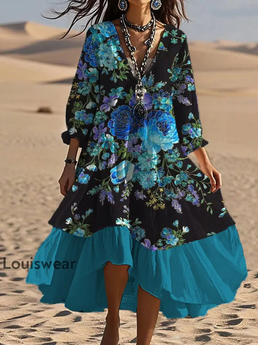 Vintage böhmisches V-förmiges Kleid mit Blumen kunst lässiges elegantes Mode-Doppel kleid A / S