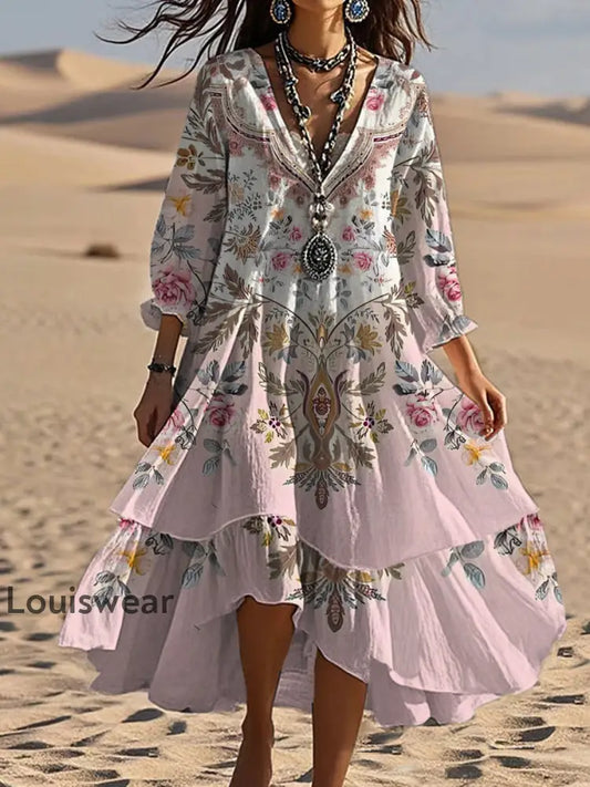 Vintage böhmisches V-förmiges Kleid mit Blumen kunst lässiges elegantes Mode-Doppel kleid A / S