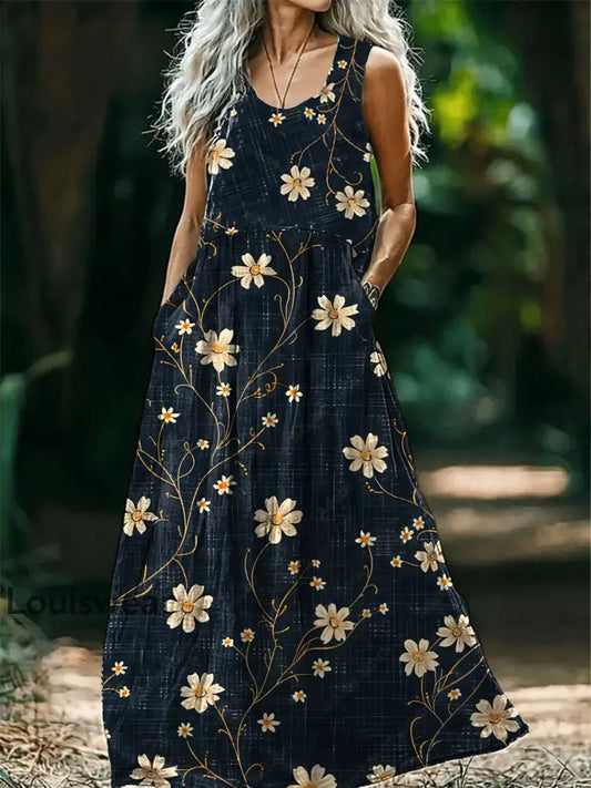 Vintage Bohemian-Blumen druck mit V-Ausschnitt Elegantes schickes lockiges Maxi-Kleid A / S
