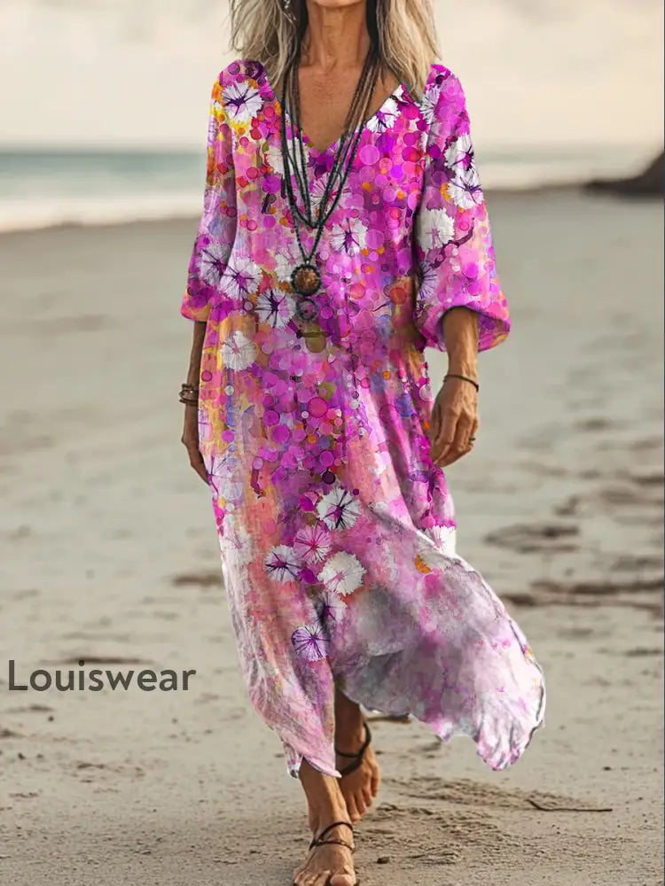 Vintage Bohemian-Blumen druck mit V-Ausschnitt Elegantes schickes lockiges Maxi-Kleid A / S