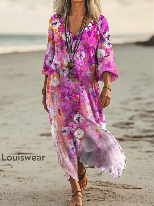 Vintage Bohemian-Blumen druck mit V-Ausschnitt Elegantes schickes lockiges Maxi-Kleid A / S