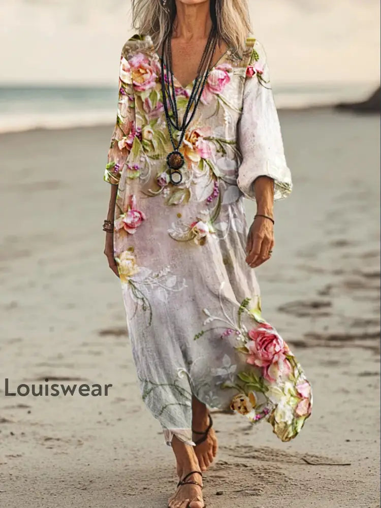 Vintage Bohemian-Blumen druck mit V-Ausschnitt Elegantes schickes lockiges Maxi-Kleid A / S
