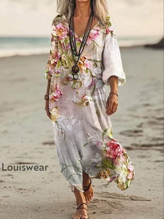 Vintage Bohemian-Blumen druck mit V-Ausschnitt Elegantes schickes lockiges Maxi-Kleid A / S