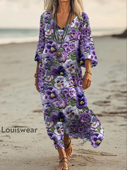 Vintage Bohemian-Blumen druck mit V-Ausschnitt Elegantes schickes lockiges Maxi-Kleid A / S