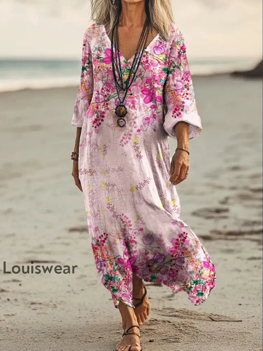 Vintage Bohemian-Blumen druck mit V-Ausschnitt Elegantes schickes lockiges Maxi-Kleid A / S