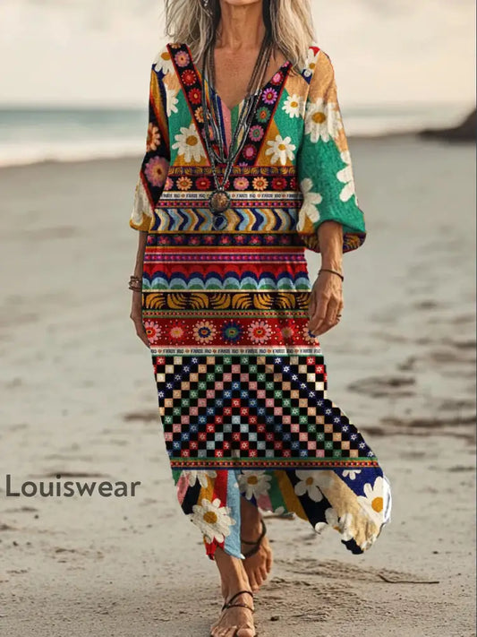 Vintage Bohemian-Blumen druck mit V-Ausschnitt Elegantes schickes lockiges Maxi-Kleid A / S
