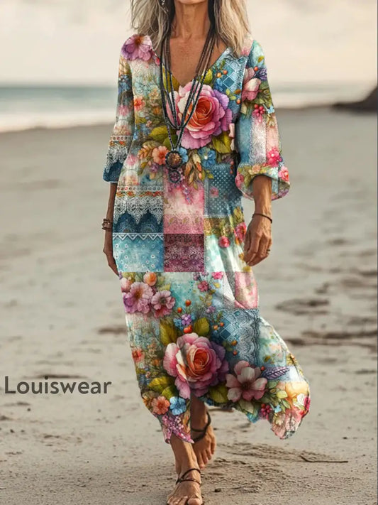 Vintage Bohemian-Blumen druck mit V-Ausschnitt Elegantes schickes lockiges Maxi-Kleid A / S