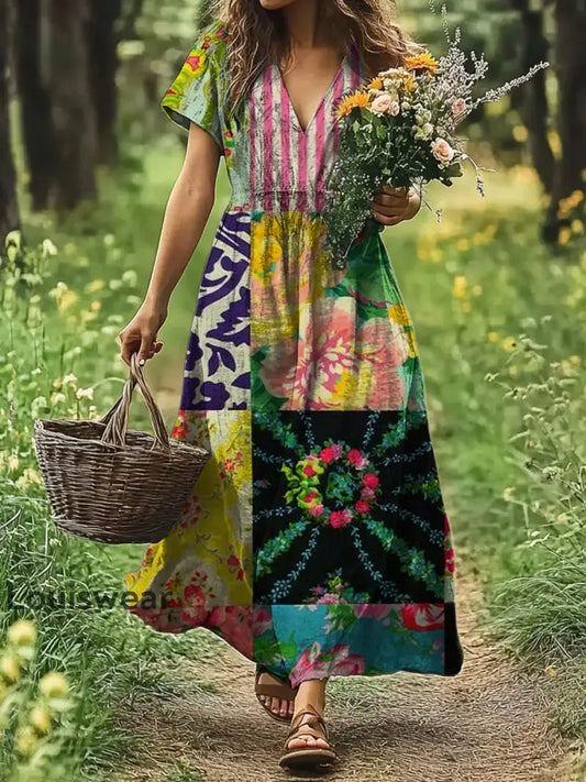 Vintage Bohemian-Blumen druck mit V-Ausschnitt Elegantes schickes lockiges Midi-Kleid A / S