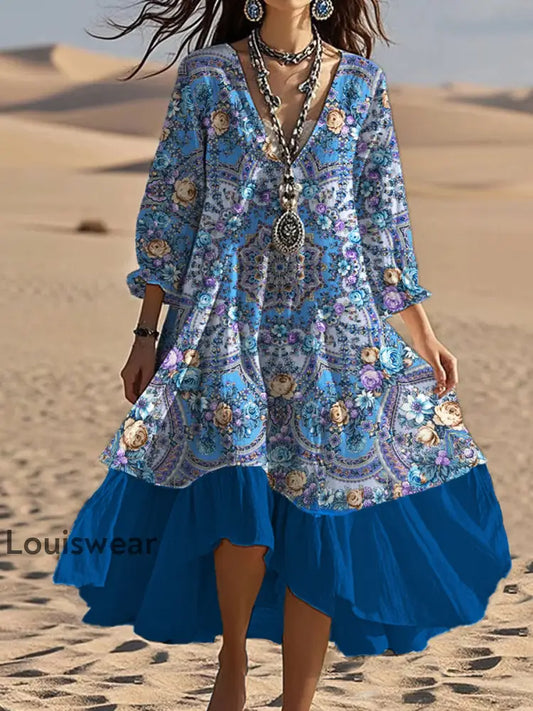 Vintage Bohemian-Blumen druck mit V-Ausschnitt Elegantes schickes lockiges Midi-Kleid A / S