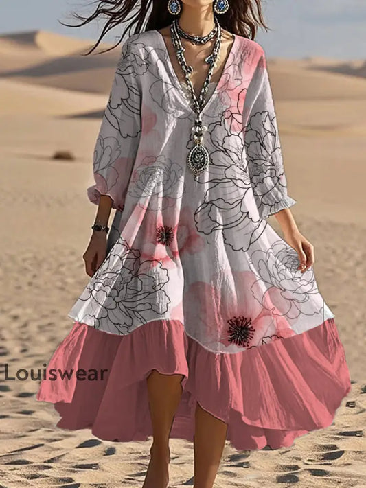 Vintage Bohemian-Blumen druck mit V-Ausschnitt Elegantes schickes lockiges Midi-Kleid A / S
