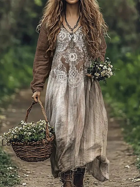 Vintage Bohemian-Blumen druck mit V-Ausschnitt Elegantes schickes lockiges Midi-Kleid A / S