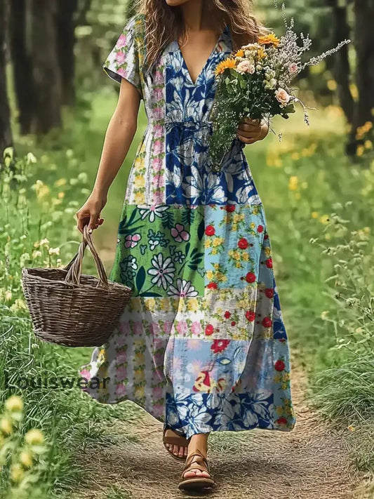 Vintage Bohemian-Blumen druck mit V-Ausschnitt Elegantes schickes lockiges Midi-Kleid A / S