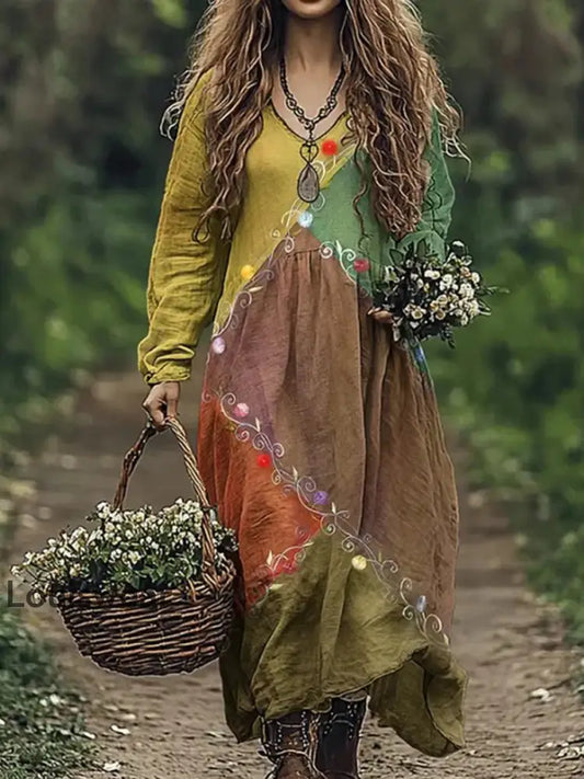 Vintage Bohemian-Blumen druck mit V-Ausschnitt Elegantes schickes lockiges Midi-Kleid A / S