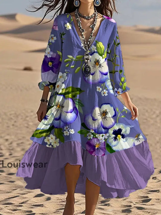 Vintage Bohemian-Blumen druck mit V-Ausschnitt Elegantes schickes lockiges Midi-Kleid A / S