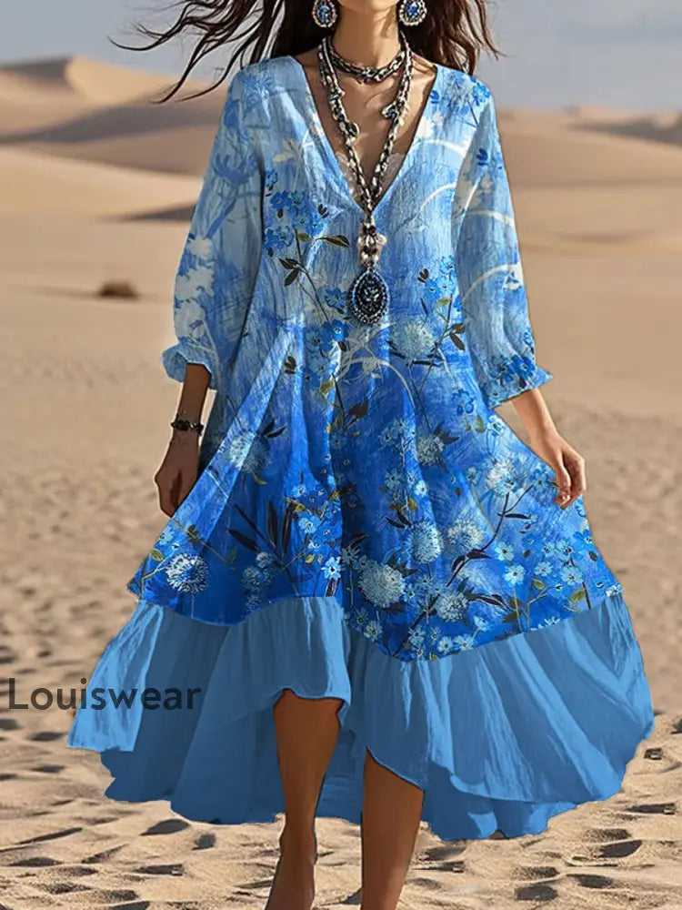 Vintage Bohemian-Blumen druck mit V-Ausschnitt Elegantes schickes lockiges Midi-Kleid A / S
