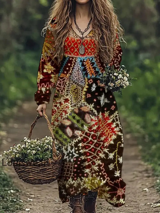 Vintage Bohemian-Blumen druck mit V-Ausschnitt Elegantes schickes lockiges Midi-Kleid A / S