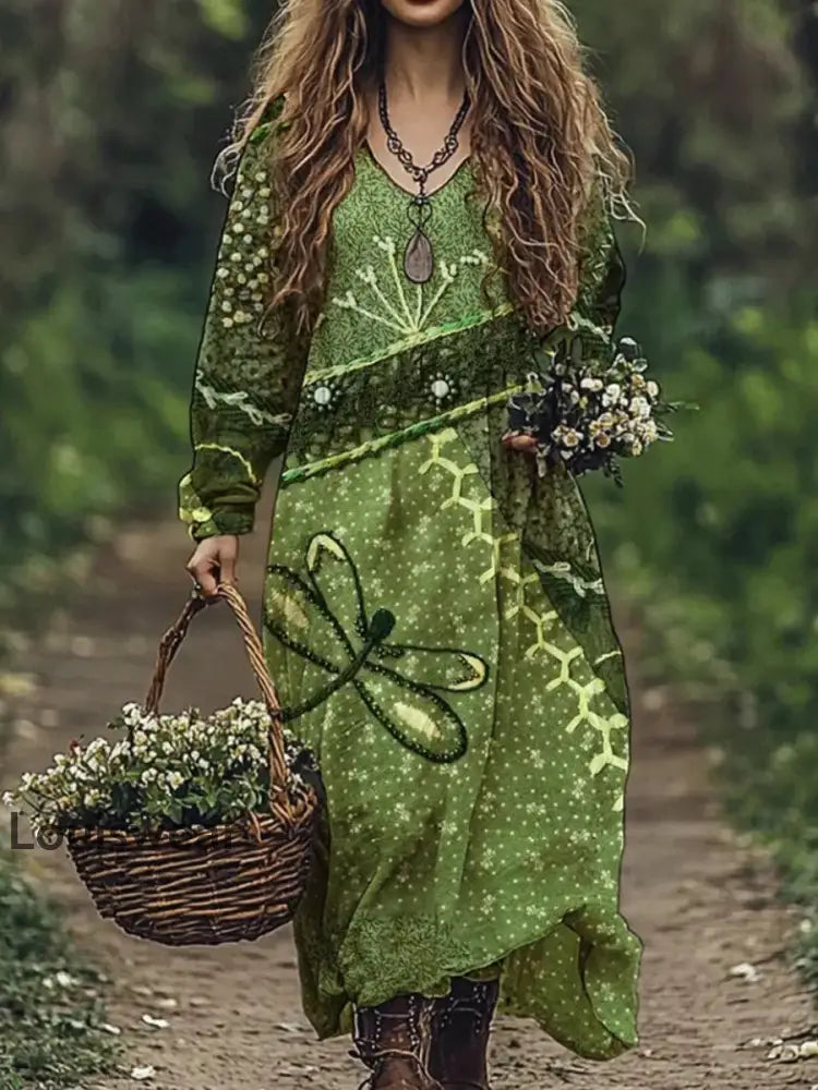 Vintage Bohemian-Blumen druck mit V-Ausschnitt Elegantes schickes lockiges Midi-Kleid A / S