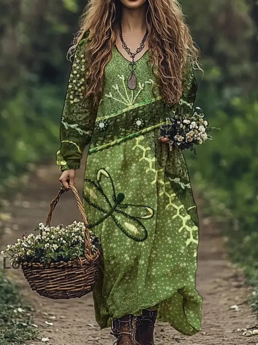 Vintage Bohemian-Blumen druck mit V-Ausschnitt Elegantes schickes lockiges Midi-Kleid A / S