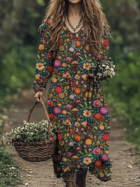 Vintage Bohemian-Blumen druck mit V-Ausschnitt Elegantes schickes lockiges Midi-Kleid A / S