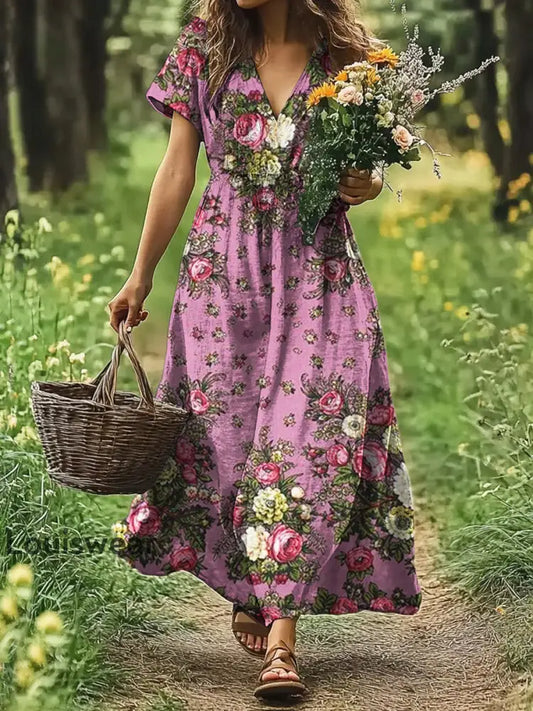 Vintage Bohemian-Blumen druck mit V-Ausschnitt Elegantes schickes lockiges Midi-Kleid A / S