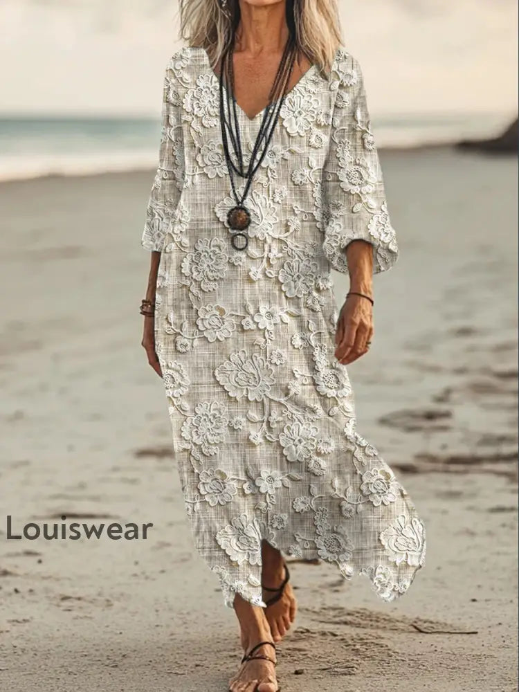 Vintage Bohemian-Blumen druck mit V-Ausschnitt Elegantes schickes lockiges Midi-Kleid A / S