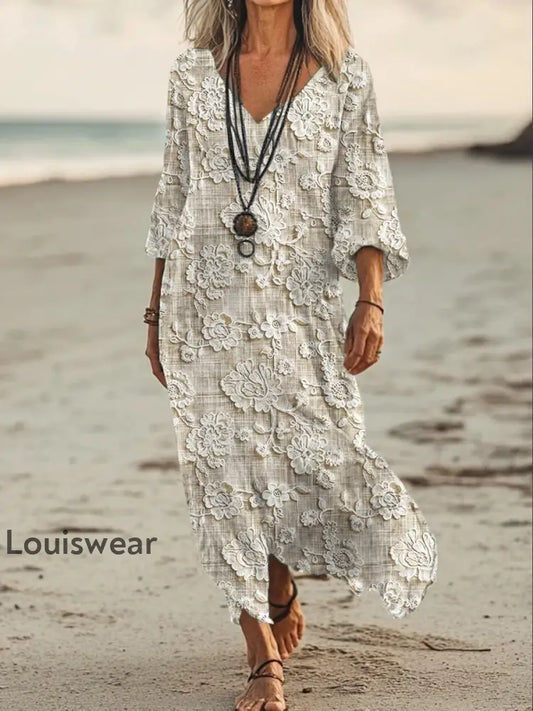 Vintage Bohemian-Blumen druck mit V-Ausschnitt Elegantes schickes lockiges Midi-Kleid A / S