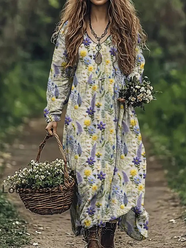 Vintage Bohemian-Blumen druck mit V-Ausschnitt Elegantes schickes lockiges Midi-Kleid A / S