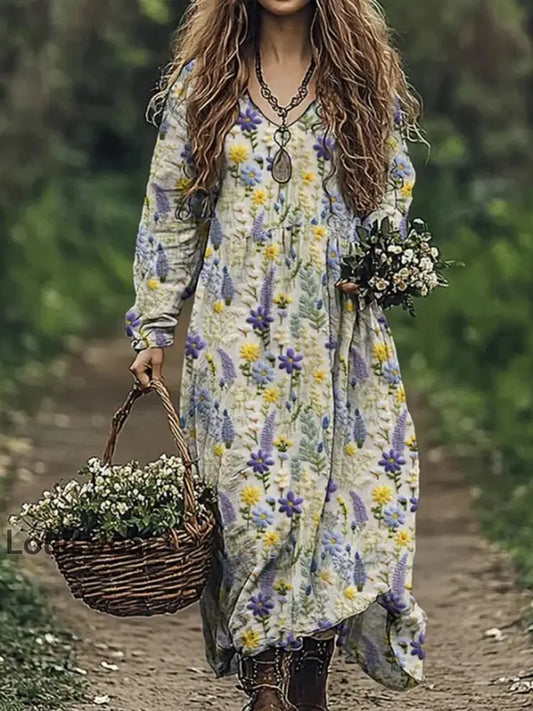 Vintage Bohemian-Blumen druck mit V-Ausschnitt Elegantes schickes lockiges Midi-Kleid A / S