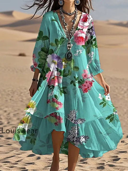 Vintage Bohemian-Blumen druck mit V-Ausschnitt Elegantes schickes lockiges Midi-Kleid A / S