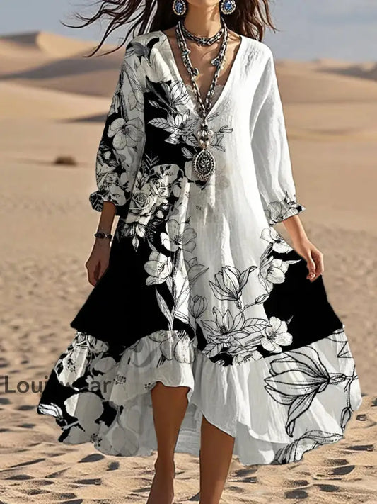Vintage Bohemian-Blumen druck mit V-Ausschnitt Elegantes schickes lockiges Midi-Kleid A / S