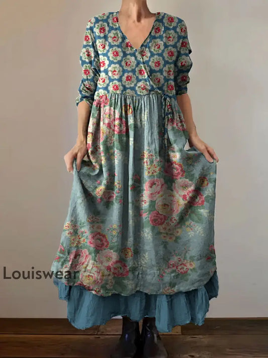 Vintage Bohemian-Blumen druck mit V-Ausschnitt Elegantes schickes lockiges Midi-Kleid A / S