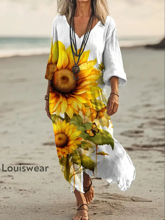 Vintage Bohemian-Blumen druck mit V-Ausschnitt Elegantes schickes lockiges Midi-Kleid A / S