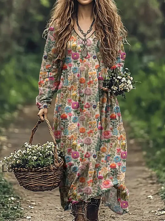 Vintage Bohemian-Blumen druck mit V-Ausschnitt Elegantes schickes lockiges Midi-Kleid A / S
