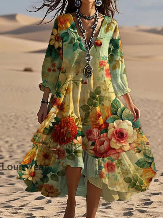 Vintage Bohemian-Blumen druck mit V-Ausschnitt Elegantes schickes lockiges Midi-Kleid A / S