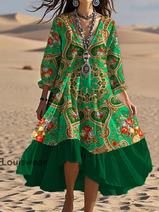 Vintage Bohemian-Blumen druck mit V-Ausschnitt Elegantes schickes lockiges Midi-Kleid A / S