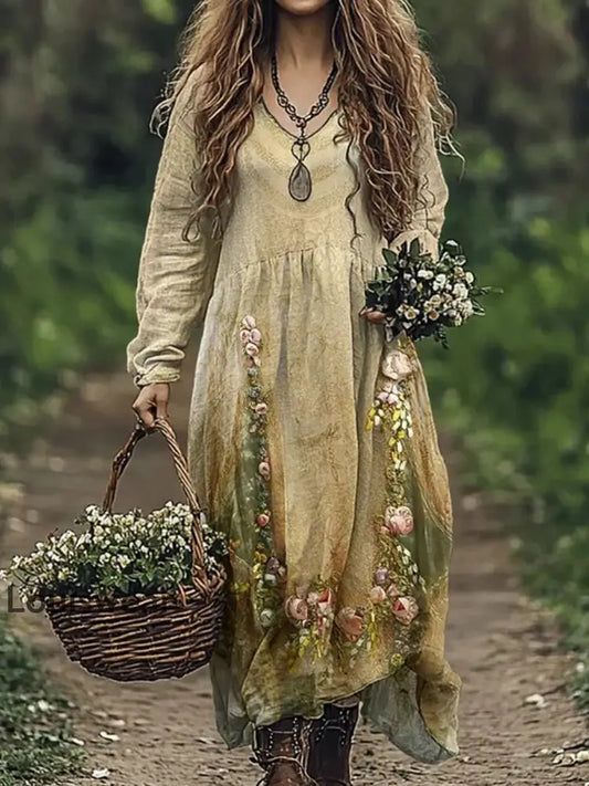 Vintage Bohemian-Blumen druck mit V-Ausschnitt Elegantes schickes lockiges Midi-Kleid A / S