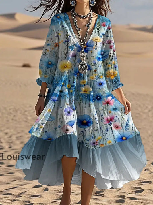 Vintage Bohemian-Blumen druck mit V-Ausschnitt Elegantes schickes lockiges Midi-Kleid A / S