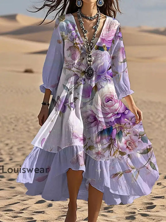 Vintage Bohemian-Blumen druck mit V-Ausschnitt Elegantes schickes lockiges Midi-Kleid A / S