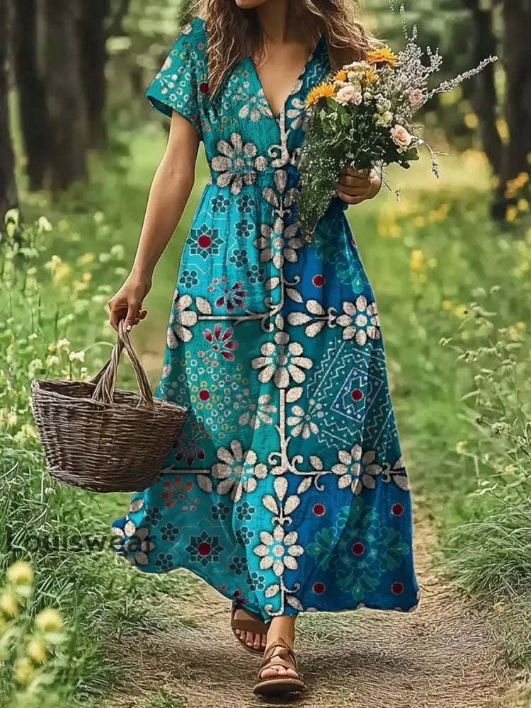 Vintage Bohemian-Blumen druck mit V-Ausschnitt Elegantes schickes lockiges Midi-Kleid A / S