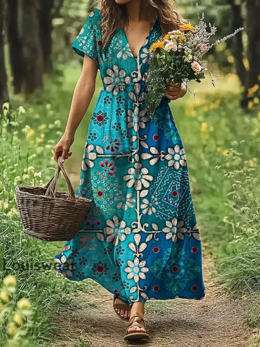 Vintage Bohemian-Blumen druck mit V-Ausschnitt Elegantes schickes lockiges Midi-Kleid A / S
