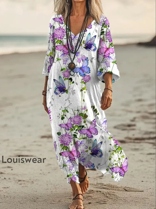 Vintage Bohemian-Blumen druck mit V-Ausschnitt Elegantes schickes lockiges Midi-Kleid A / S